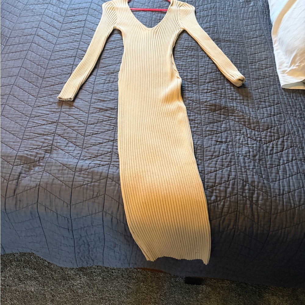 Hera Beige Long Sleeve Ribbed Dress